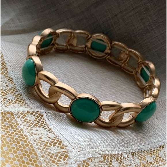 Matte Gold & Turquoise Green Bead Stretch Fashion Bracelet Woman’s Jewelry - Picture 2 of 5